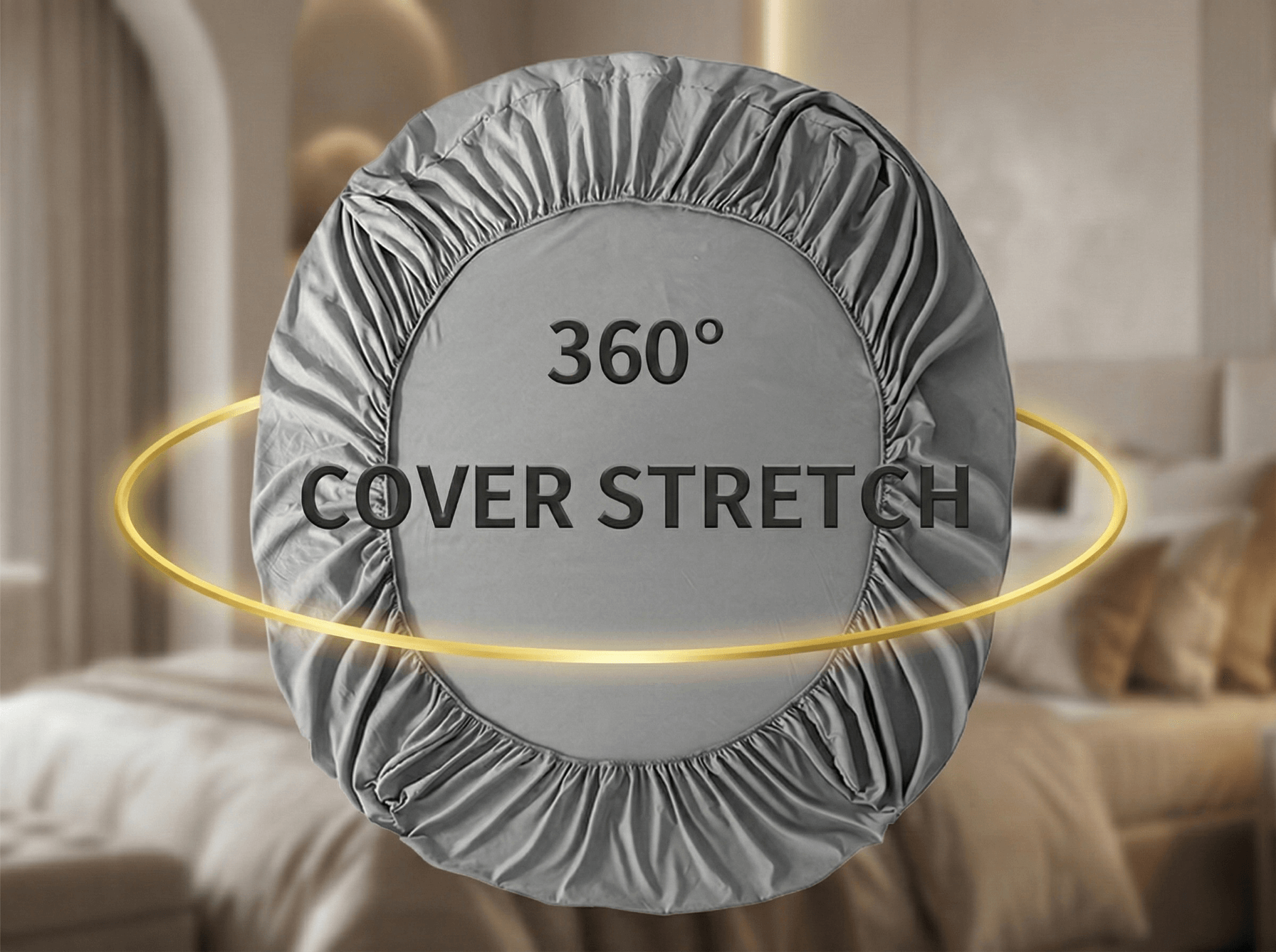 Gray mattress cover with '360° Cover Stretch' text in a bedroom setting