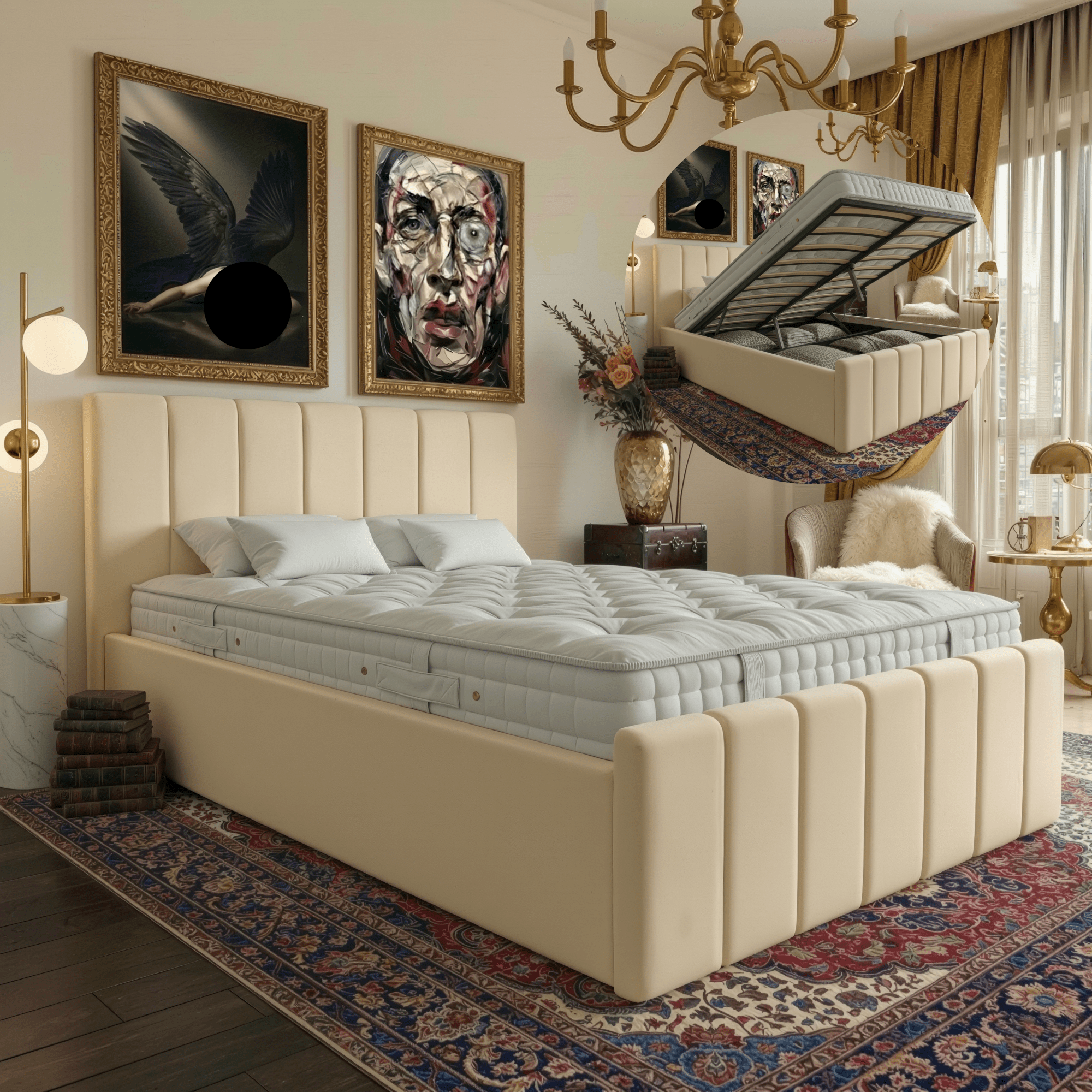 Beige upholstered bed with open storage compartment in a stylish bedroom.