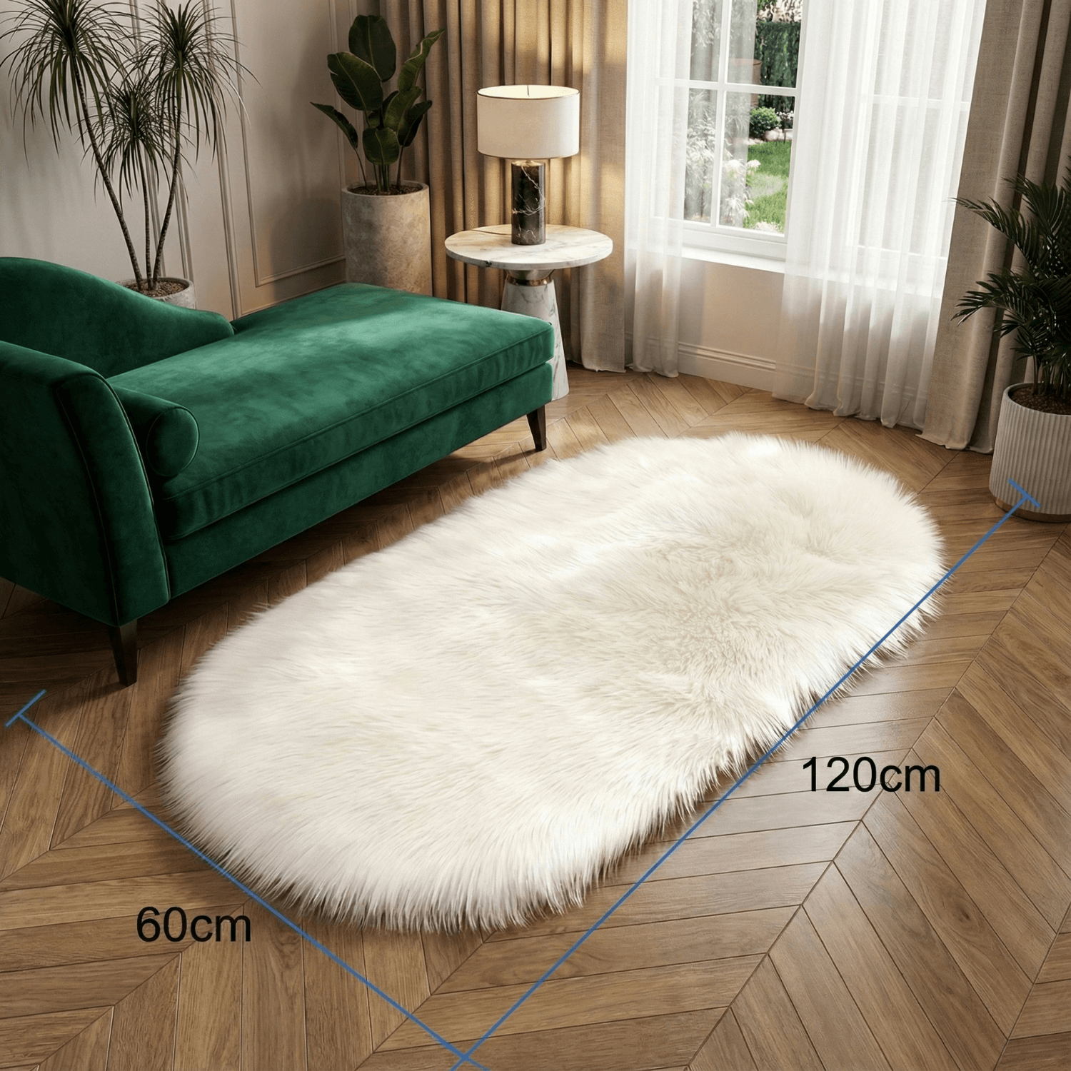 White fluffy rug on a wooden floor with dimensions indicated, next to a green sofa and plants.