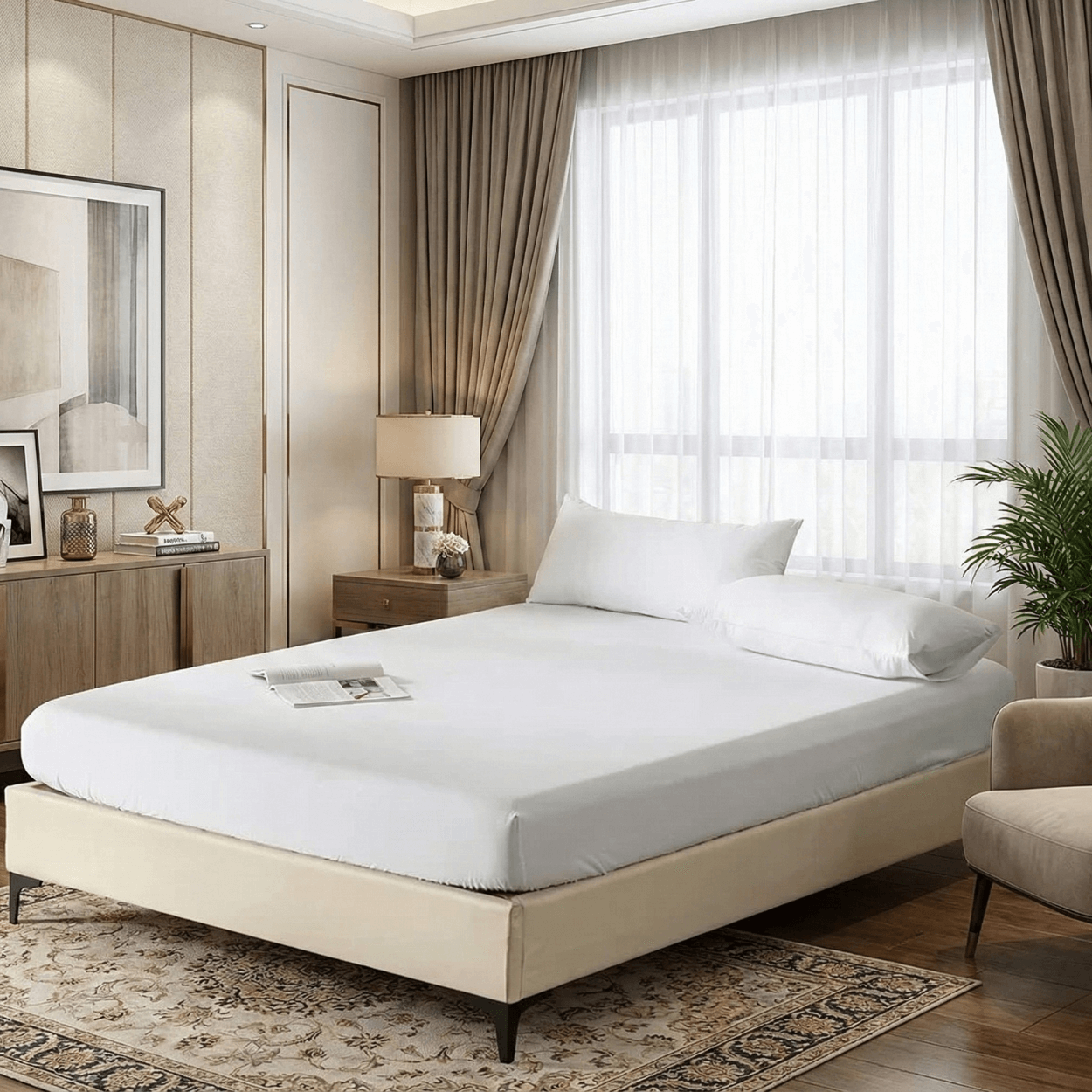 Modern bedroom with a bed, nightstands, and decor