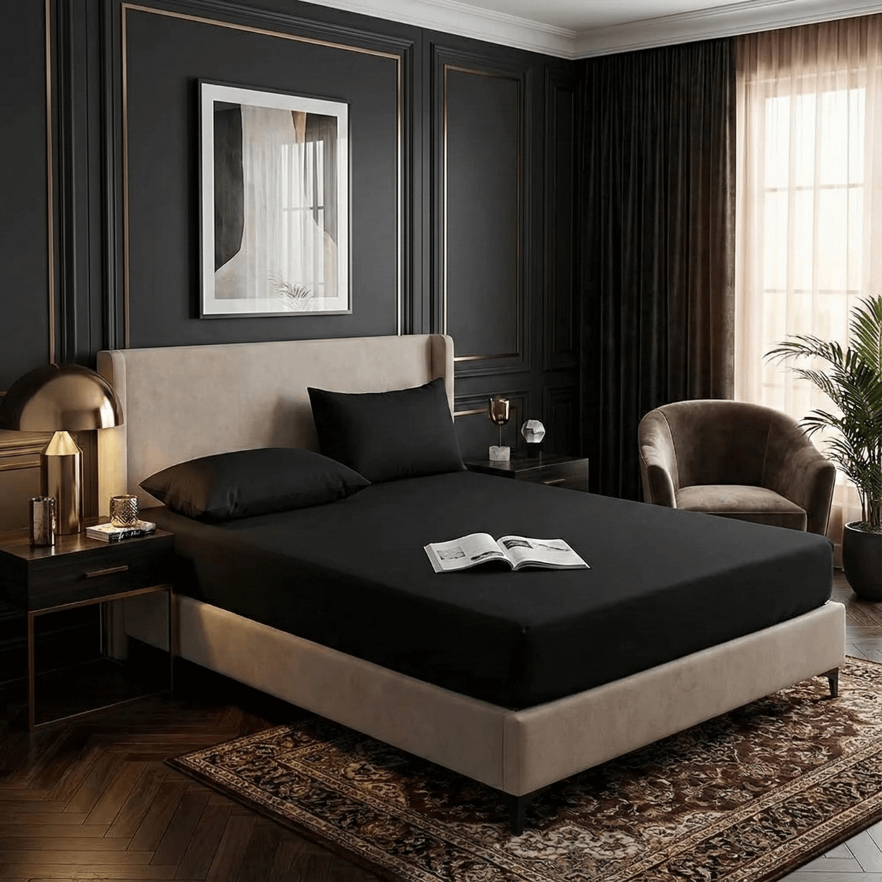 Modern bedroom with a bed, nightstands, and armchair.