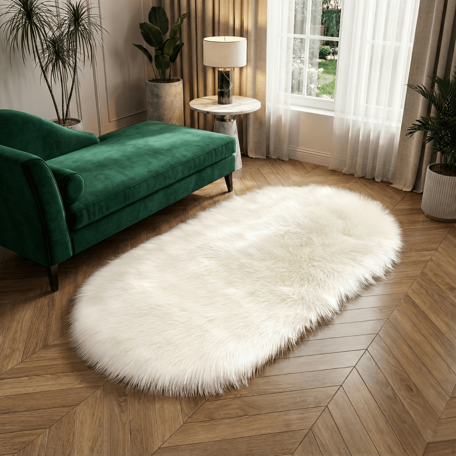 White fluffy rug on a wooden floor with a green sofa and plants in the background